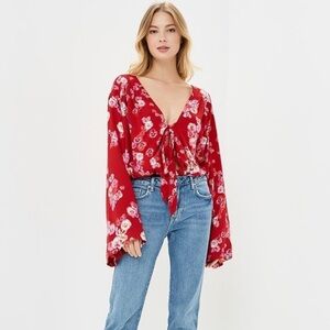 FREE PEOPLE Floral Long Sleeve Blouse Bodysuit Top Flowy Red Size XS